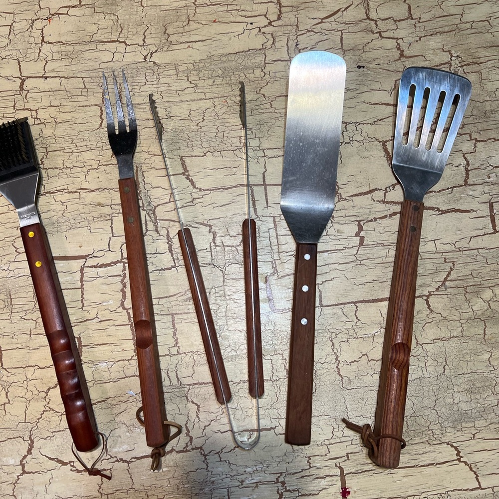 Wood-Handled Grilling Tool Set - Brown Stainless Steel Utensils -5 pieces